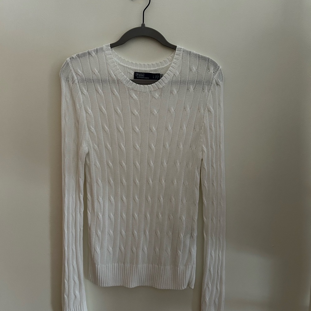 Ralph Lauren Classic White Cable Knit Cotton-Blend Sweater